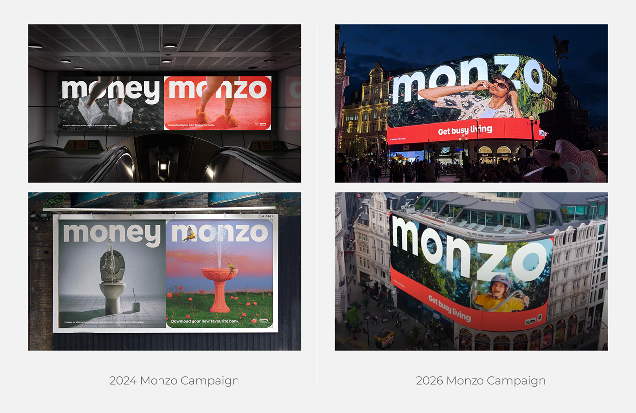 Images of two Monzo advertising campaigns, one from 2024 and one from 2026, showing how the brand has evolved.